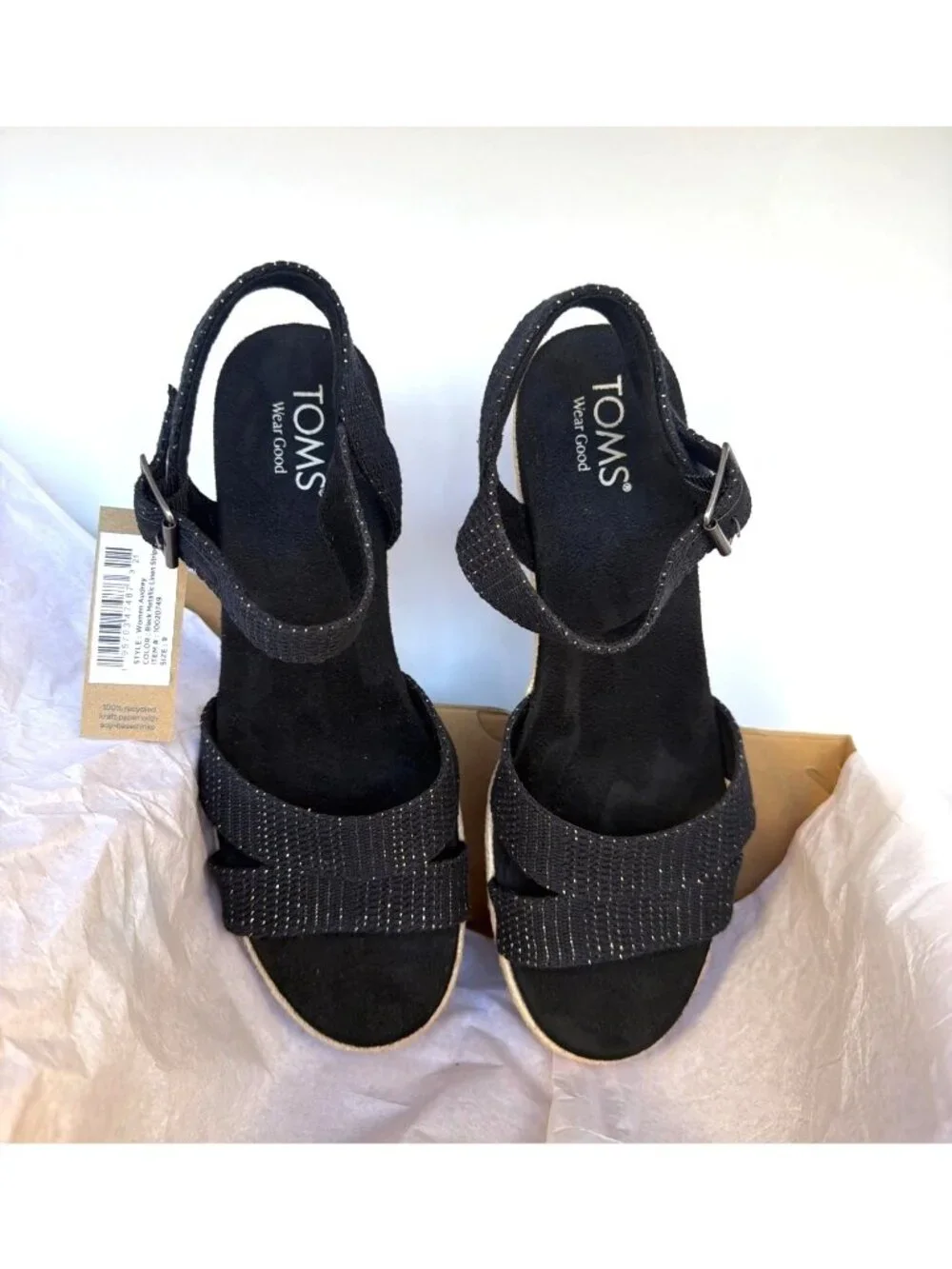 Toms Audrey Espadrilles Ankle Strap Black Metallic Wedges Women Size 9